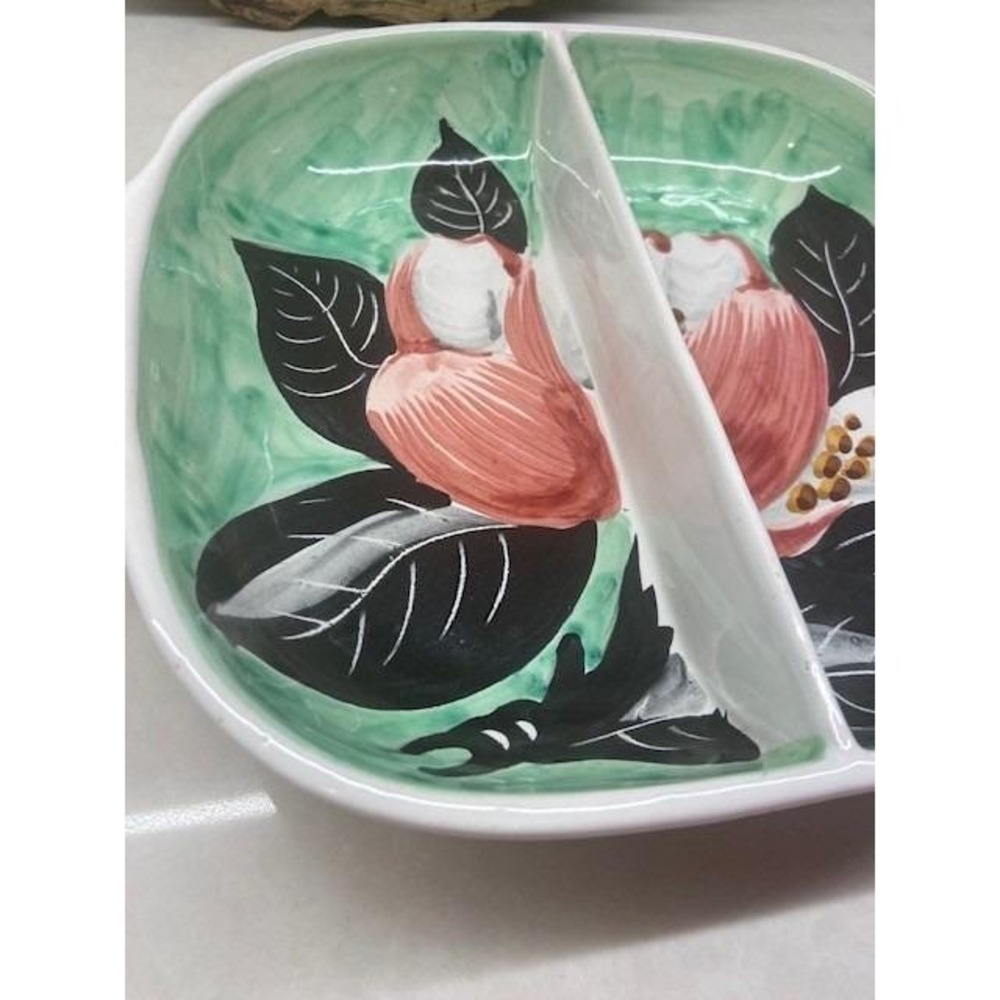 Divided Serving Dish Floral Pink Green Vintage From Italy Hand Painted Ceramic. - Picture 3 of 13